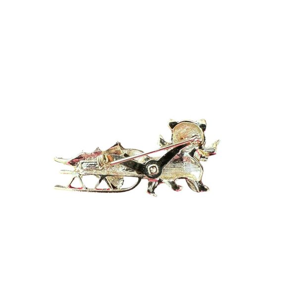 Beatrix Cat Pulling Christmas Tree on Sleigh Enamel Gold Tone Pin Brooch - Picture 3 of 3